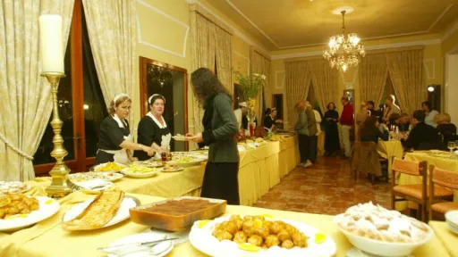 A festive banquet room prepared for guests